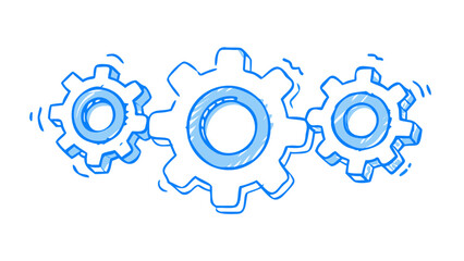 Three interlocking blue gears in a hand drawn style
