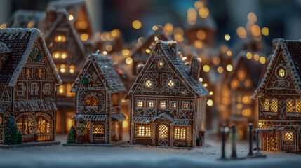 Miniature gingerbread village holiday scene with decorated houses, festive lights, and snow details, warm cozy atmosphere, high-resolution.