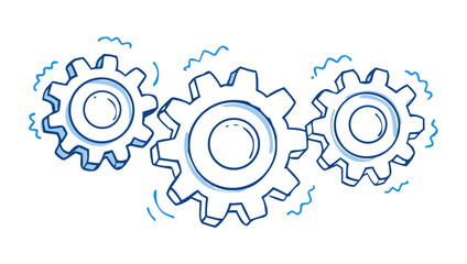 Three interlocking blue gears in a hand drawn style on a black background