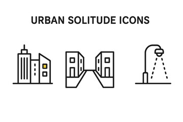 Urban solitude icons set. Outline vector collection of lonely city skyline, one illuminated window, empty street, isolated streetlamp. Downtown loneliness, urban isolation, minimal linear illustration