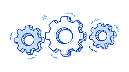 Three interlocking gears in a hand drawn style