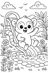 Adorable monkey sliding down a water slide in a playful outdoor scene