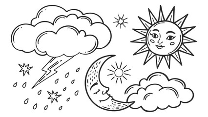 Whimsical weather icons featuring sun moon clouds lightning and rain