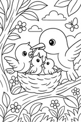 Adorable mother bird feeding her baby chicks in a nest line art design