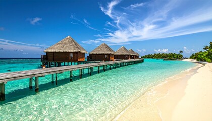 Luxury overwater bungalows on a wooden pier over clear turquoise water at a tropical beach resort.