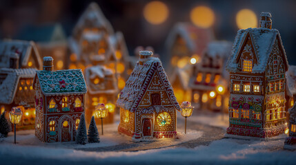 Miniature gingerbread village holiday scene with decorated houses, festive lights, and snow details, warm cozy atmosphere, high-resolution.