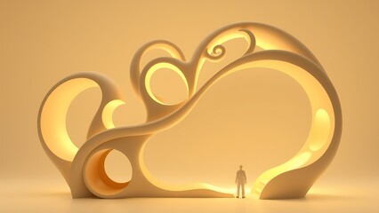 Abstract Architectural Structure with Human Figure - Conceptual 3D Render for Imagination, Hope, and Future Design Projects in Dreamy Aesthetic, Suitable for Editorial Use