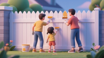 3D illustration of a family painting a picket fence in the backyard. Concept of home improvement, togetherness, happy family activity and bonding.