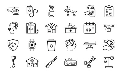 Medical Healthcare Line Icons Bundle Hospital Equipment, Doctor Tools, Patient Care, Emergency Services, Surgery, Pharmacy, First Aid, and Medicine Vector Pack