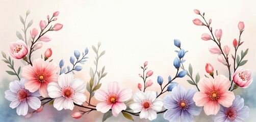 Fototapeta premium Delicate watercolor painting features spring floral blossom pattern with white, pink, red, purple, blue flowers. Branches adorned with buds, leaves create soft, romantic border. Botanical art with