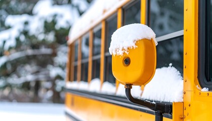 Yellow school bus covered in snow