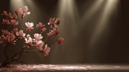 A magnolia tree in full bloom, illuminated by spotlights against a dark backdrop, with fallen petals scattered on the ground
