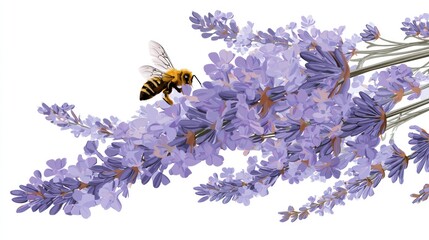 A honeybee in flight approaches a sprig of lavender blossoms, their purple hues contrasting against a stark white background.  The image evokes a sense of tranquility and natural beauty