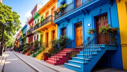 A vibrant row of colorful houses with bright blue, orange, red, yellow, green, and purple facades lining a cobblestone street with lush greenery and potted plants.