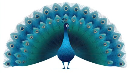 A vibrant peacock with its tail feathers fully displayed in a semicircle, showcasing a spectrum of blues and greens, against a stark white background