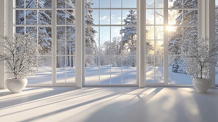 Snowy winter scene through large windows.
