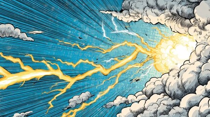 A dynamic depiction of a powerful lightning strike emanating from a tumultuous sky, bursting forth from clouds with intense energy and radiating lines