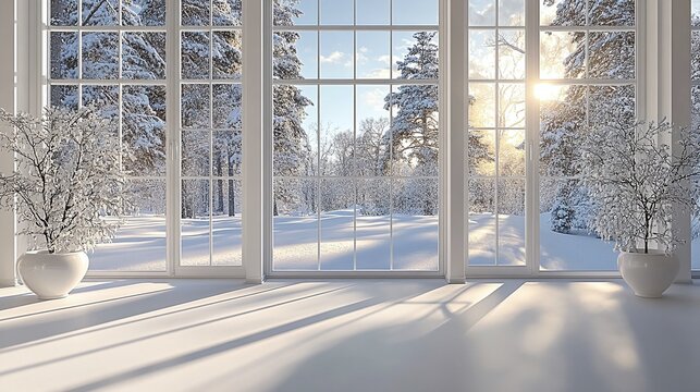 Snowy winter scene through large windows. - Powered by Adobe