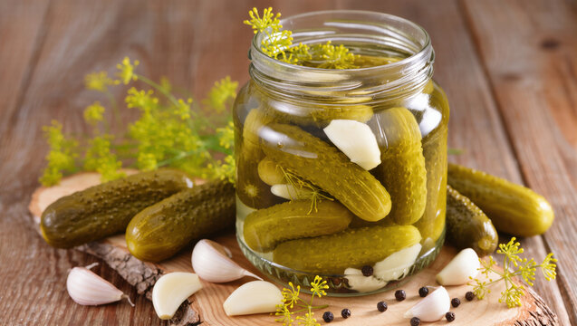 Glass jar of homemade pickled cucumbers with garlic, dill, and black pepper on rustic wooden table, fresh preserved vegetables - Powered by Adobe