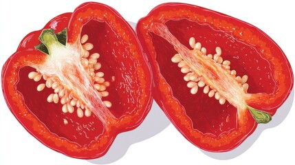 Two halves of a red bell pepper, vividly detailed, showcasing seeds and inner membranes against a white backdrop.  The image is a digitally created illustration