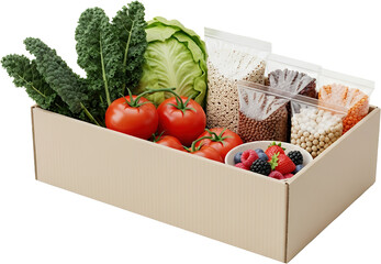 Fresh organic vegetables and berries in a carton box with various dried beans and grains isolate Fruits