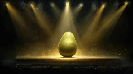 A single avocado rests on a wooden pedestal, dramatically lit from above by multiple spotlights casting golden rays and dust motes