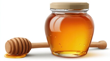 A clear glass jar filled with golden honey sits beside a wooden honey dipper with a few drips of honey