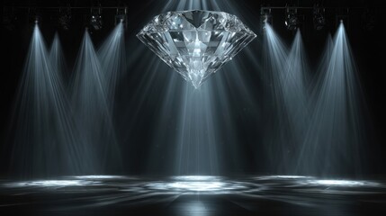 A large, brilliant-cut diamond hangs centrally, dramatically lit from multiple spotlights on a dark, reflective floor