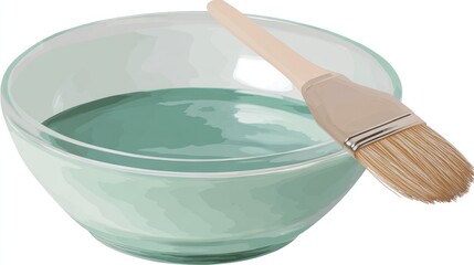 A glass bowl filled with light teal liquid, next to a paintbrush with a light brown wooden handle