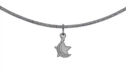 Delicate silver necklace featuring a crescent moon and star charm, adorned with sparkling accents, suspended from a textured chain