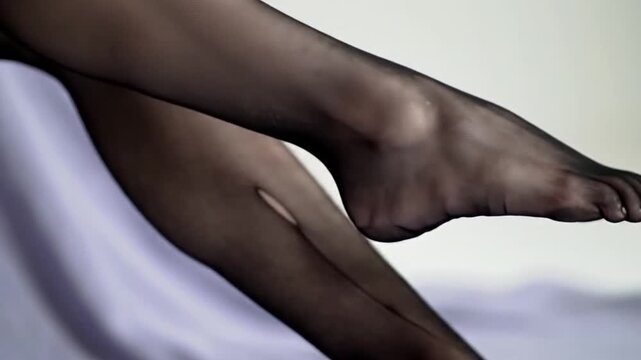 Persons legs and feet in black stockings on fabric. Suitable for fashion, apparel, footwear, textile, and lifestyle designs and concepts.