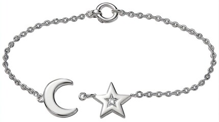 Delicate silver chain bracelet featuring a crescent moon and a star charm, adorned with a small clear stone