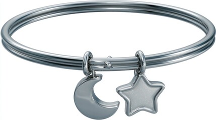 A sleek, double-banded bangle bracelet features a celestial charm.  The charm is composed of a crescent moon and a star, both with a smooth, polished finish