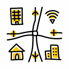 Urban planning concept illustration featuring buildings and roads  