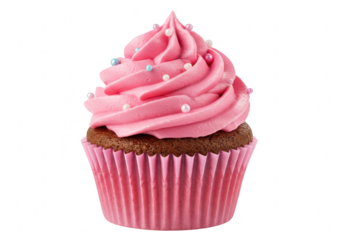 A delicious pink frosted cupcake with sprinkles, isolated on transparent background