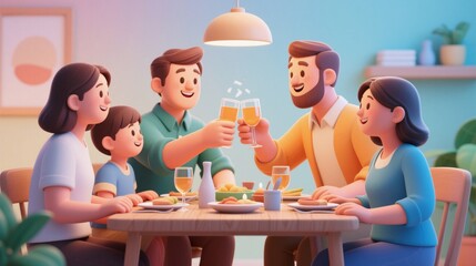 Happy family with friends, five people toasting during a celebration dinner at home. Concept of togetherness, community and cozy lifestyle in 3D cartoon illustration.