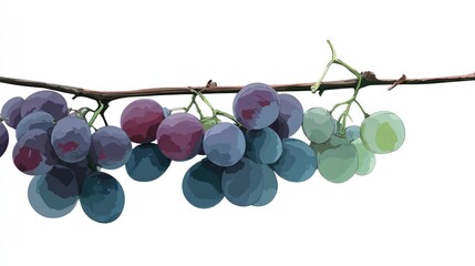 A branch of grapes, some dark and some light green, hangs against a white background in a stylized, slightly abstract illustration