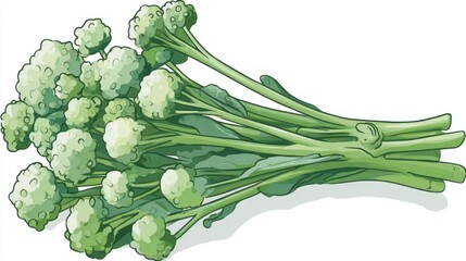 A detailed illustration of a bunch of broccoli rabe, showcasing its numerous small, tightly clustered florets and long, slender stalks, resting on a white background