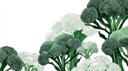 A stylized illustration featuring broccoli plants in varying shades of green and white, arranged in a flowing, wave-like pattern against a white background