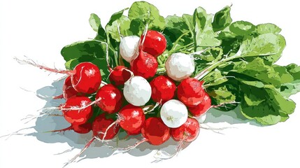 A vibrant bunch of red and white radishes, freshly picked, with their green leafy tops, sits on a white background, casting a subtle shadow