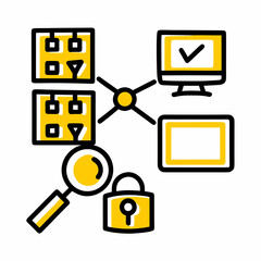 Icon set depicting data analysis, security, and verification process  