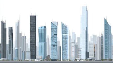 Fototapeta premium Panoramic illustration of a modern city skyline featuring numerous skyscrapers of varying heights and designs, rendered in a stylized, almost graphic, manner against a stark white background