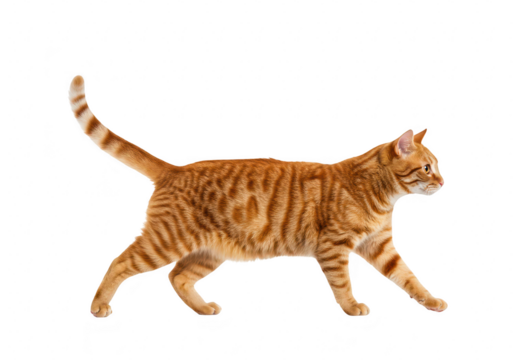 An orange tabby cat walking gracefully isolated on a transparent background, showcasing its elegant movement and curious nature