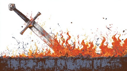 A medieval sword, partially submerged in fiery embers, is depicted against a stark white backdrop. 