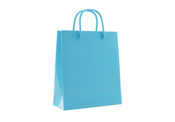 A bright blue paper shopping bag with handles, isolated on a transparent background, perfect for retail and gift packaging