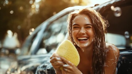 Joyful young woman playfully washing car, covered in soapy bubbles, laughing amidst water spray Sunlight glints off wet hair and skin, evoking summer fun and carefree spirit