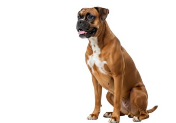 A brown boxer dog sitting and looking to the side, isolated on a transparent background
