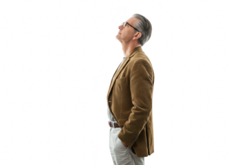 Mature caucasian man wearing a brown jacket and glasses, looking up, isolated on transparent background