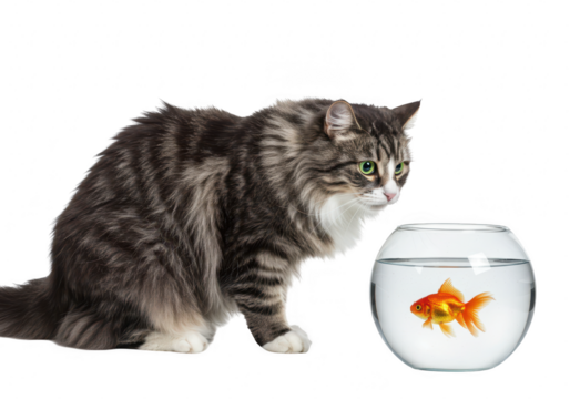 A curious fluffy grey tabby cat with green eyes intently watching a goldfish swimming in a glass bowl, isolated on a transparent background