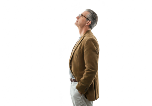 Mature caucasian man wearing a brown jacket and glasses, looking up, isolated on transparent background